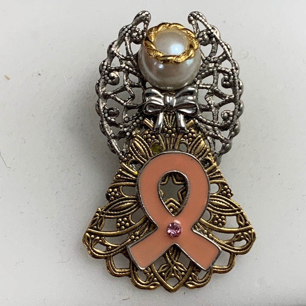 Vintage Angel Awareness Ribbon Brooch Pin Pink Enamel Pearl Mixed Metal 4699